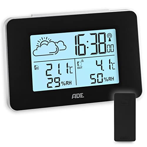 ADE Digitale Wetterstation Funk mit Außensensor | Innen und Außentemperatur | Luftfeuchtigkeitsmesser | animierte Wettervorhersage | Funkwecker mit Schlummerfunktion | schwarz